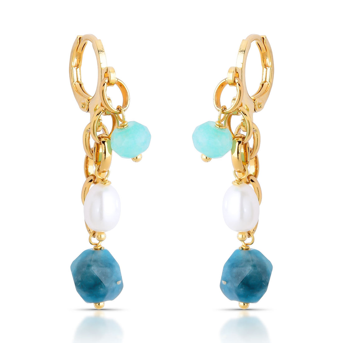 Brinco Nati de Argola com Pedras Naturais Jade e Pérolas Banho de Ouro 18k