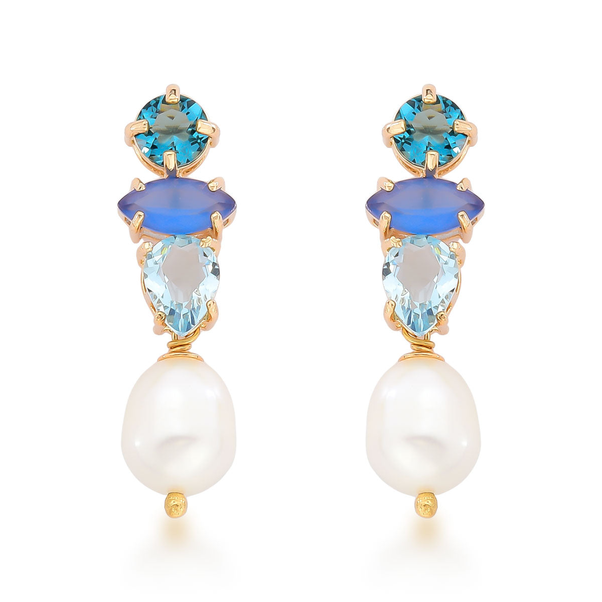 Brinco Carolina com Cristais e Pérola de Água Doce Banho de Ouro 18k