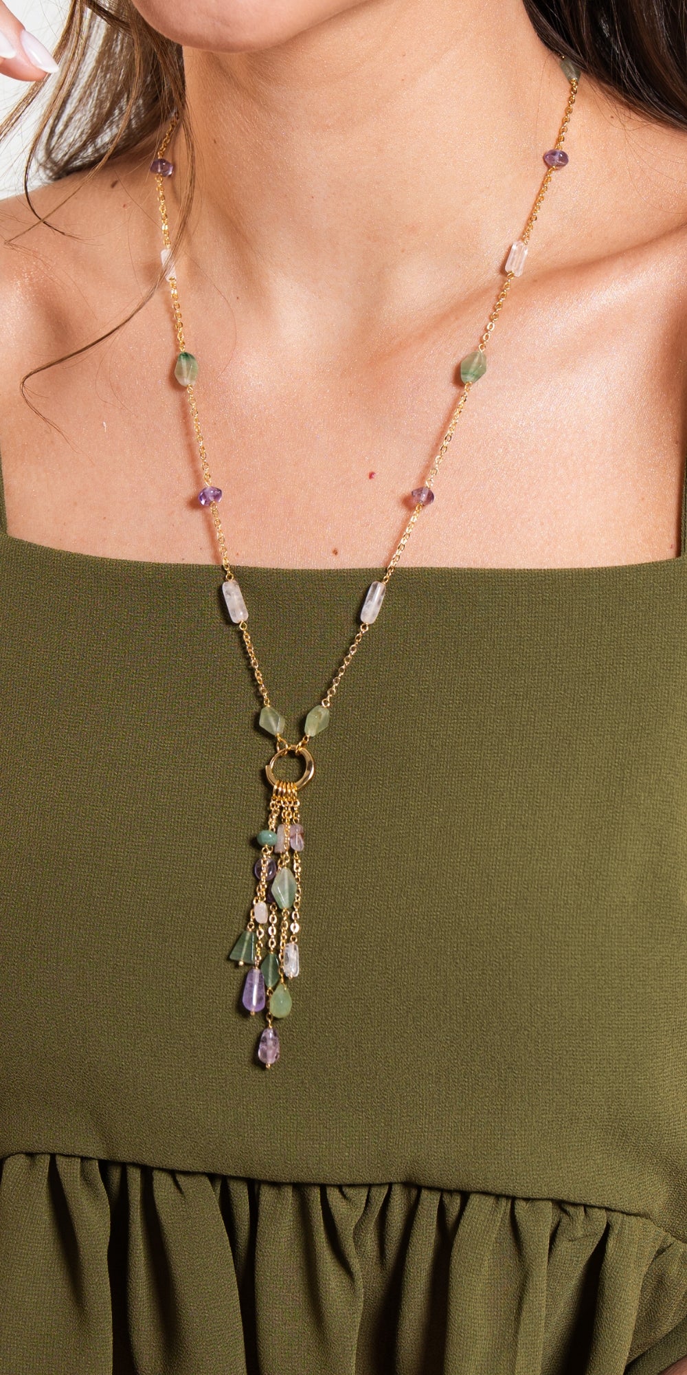 Colar Dara de Pedras Naturais com Pingente Removível Banho de Ouro 18k