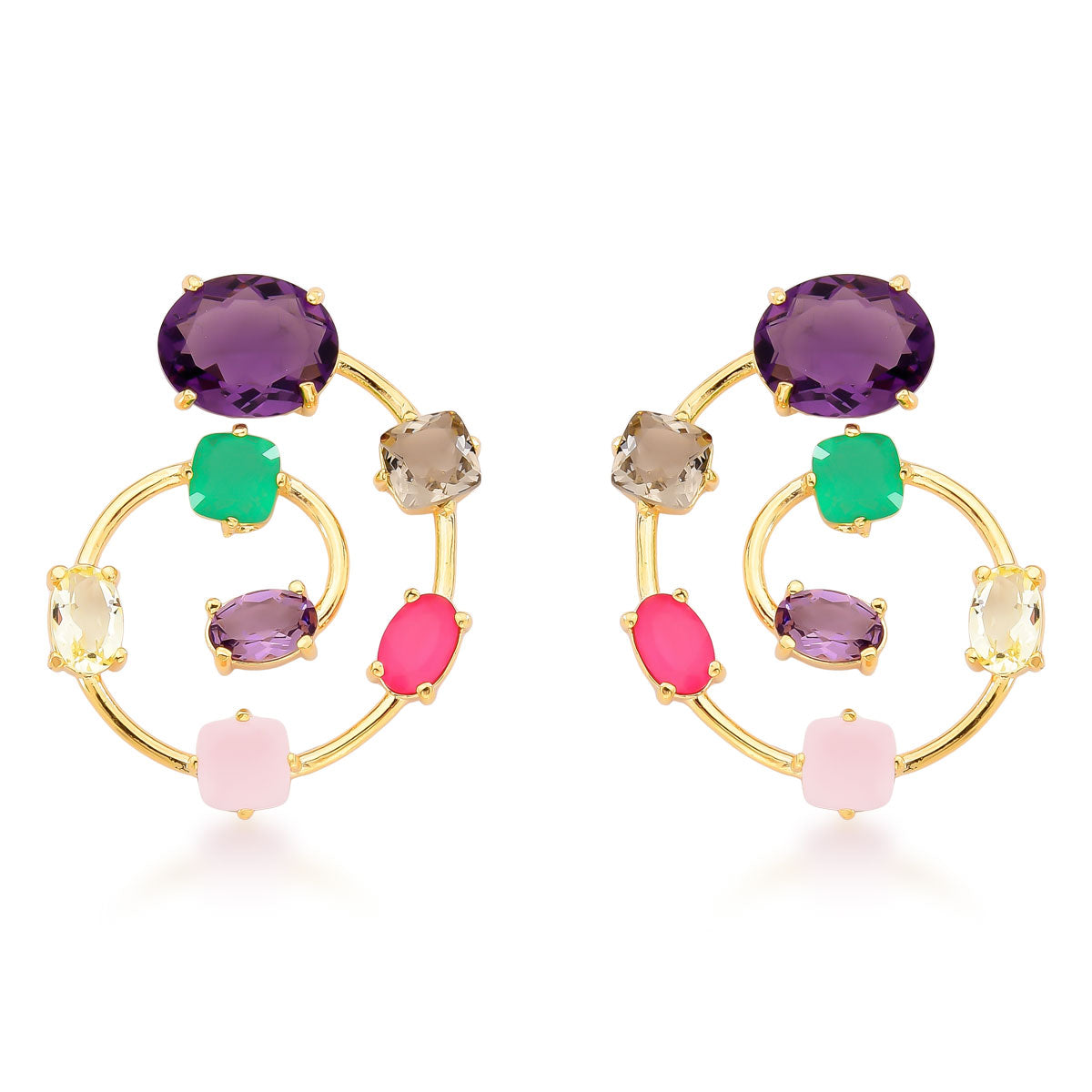 Brinco Maya com Cravação de Cristais Coloridos Banho de Ouro 18k