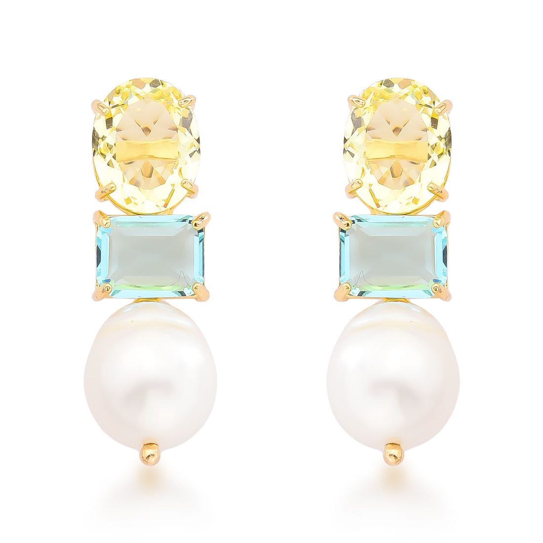 Brinco Sofia com Pérola Pendente e Cristal Banho de Ouro 18k