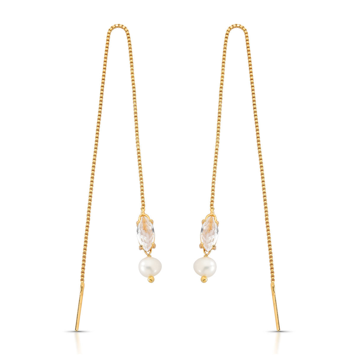 Brinco Fê Fio Longo Pérola Cristal Banho de Ouro 18k