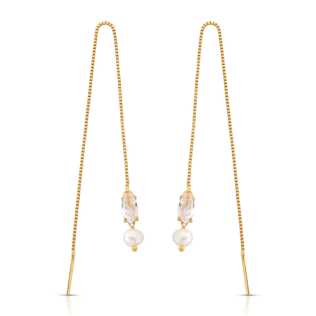 Brinco Fê Fio Longo Pérola Cristal Banho de Ouro 18k