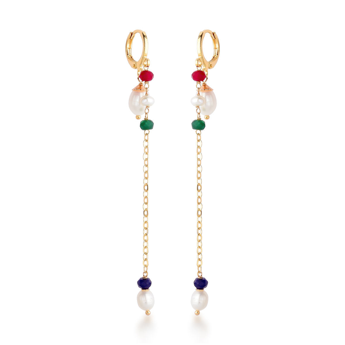 Brinco Maria de Argola com Corrente Pedras Jade Banho de Ouro 18k