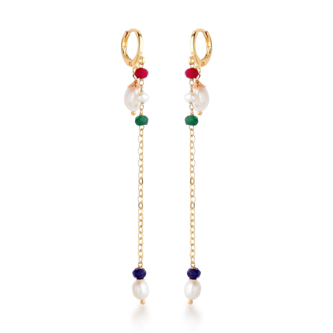 Brinco Maria de Argola com Corrente Pedras Jade Banho de Ouro 18k