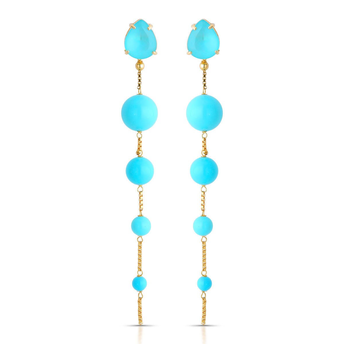 Brinco Alessandra Longo de Pérola Shell Turquesa Banho de Ouro 18k