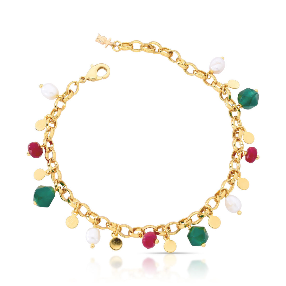 Pulseira Nati de Elos com Pingentes de Pedras Jade e Pérolas Banho de Ouro 18k