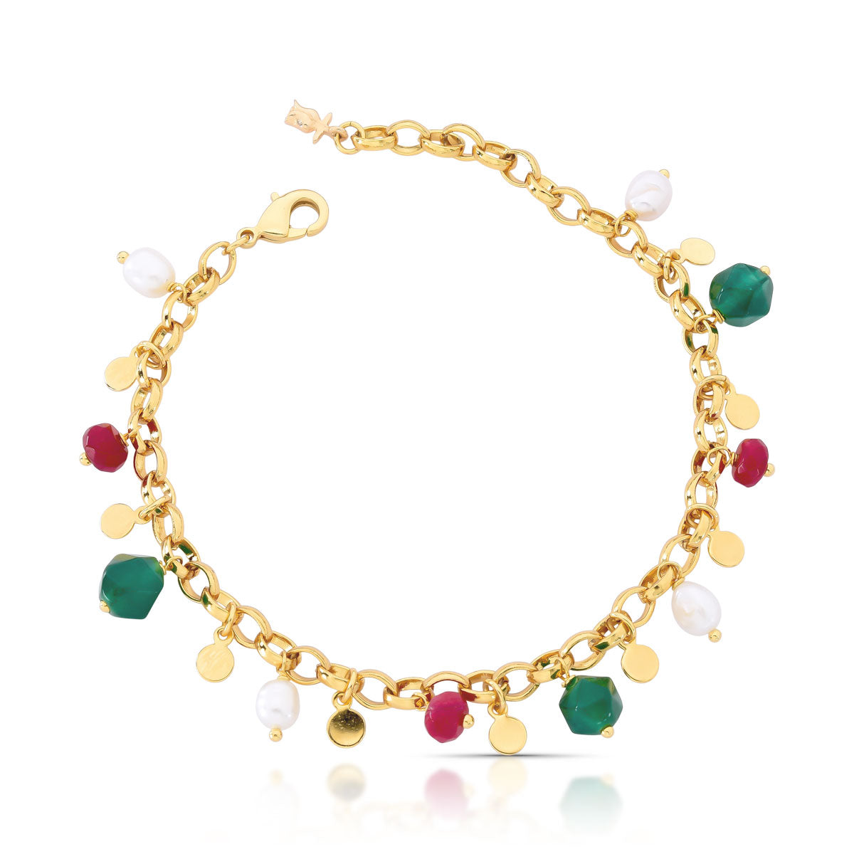 Pulseira Nati de Elos com Pingentes de Pedras Jade e Pérolas Banho de Ouro 18k