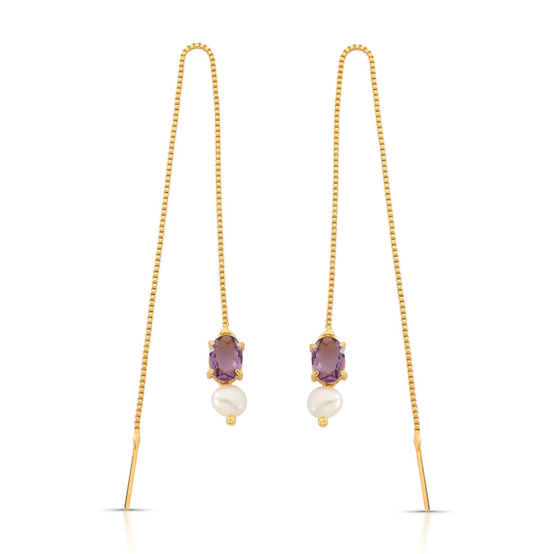 Brinco Jess Fio Longo Pedra Oval Pérola Banho de Ouro 18k