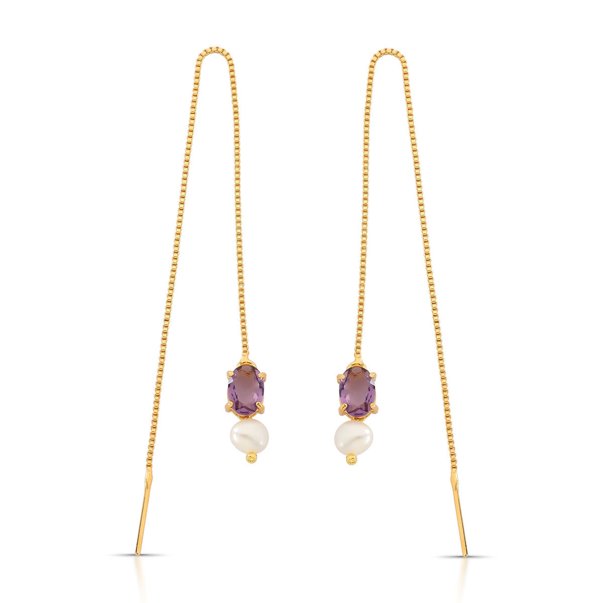 Brinco Jess Fio Longo Pedra Oval Pérola Banho de Ouro 18k