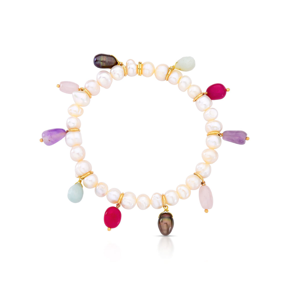 Pulseira Melina com Pérola de Água Doce e Pedras Naturais Banho de Ouro 18k