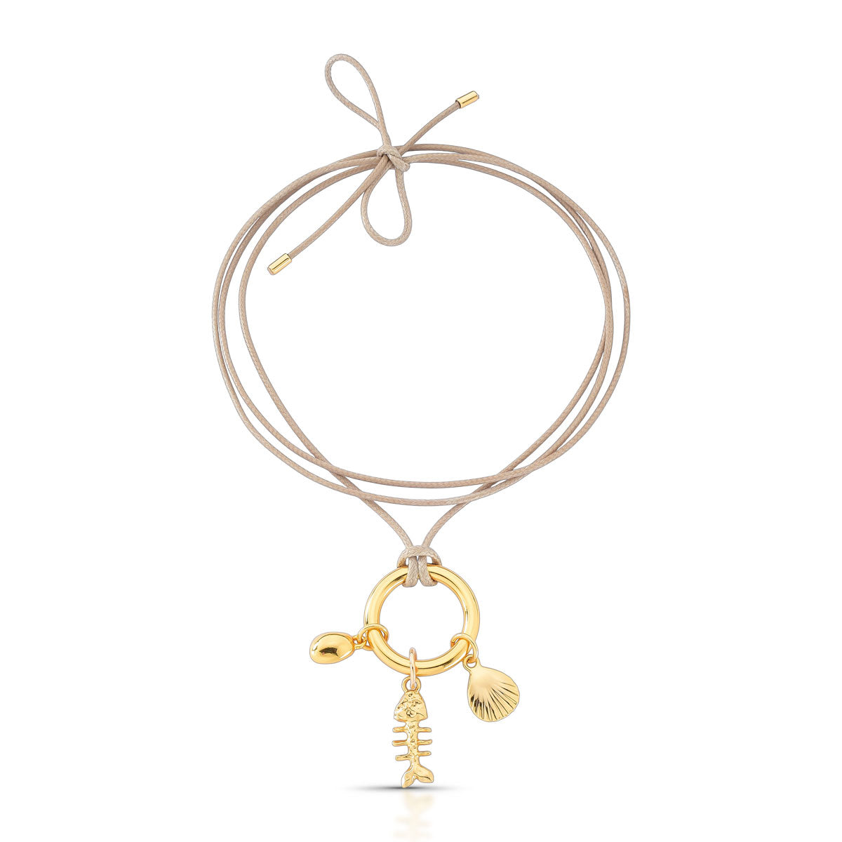 Colar Eva Longo de Couro Fake com Pingentes Patuá Banho de Ouro 18k