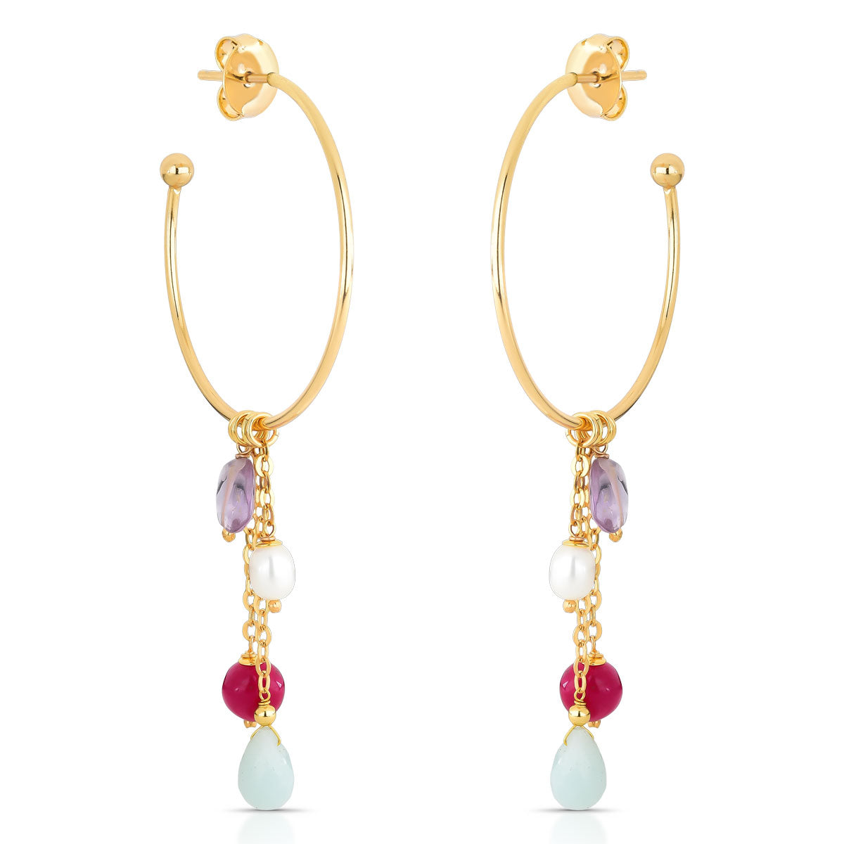 Brinco Melina de Argola com Pedras Naturais e Pérolas Banho de Ouro 18k