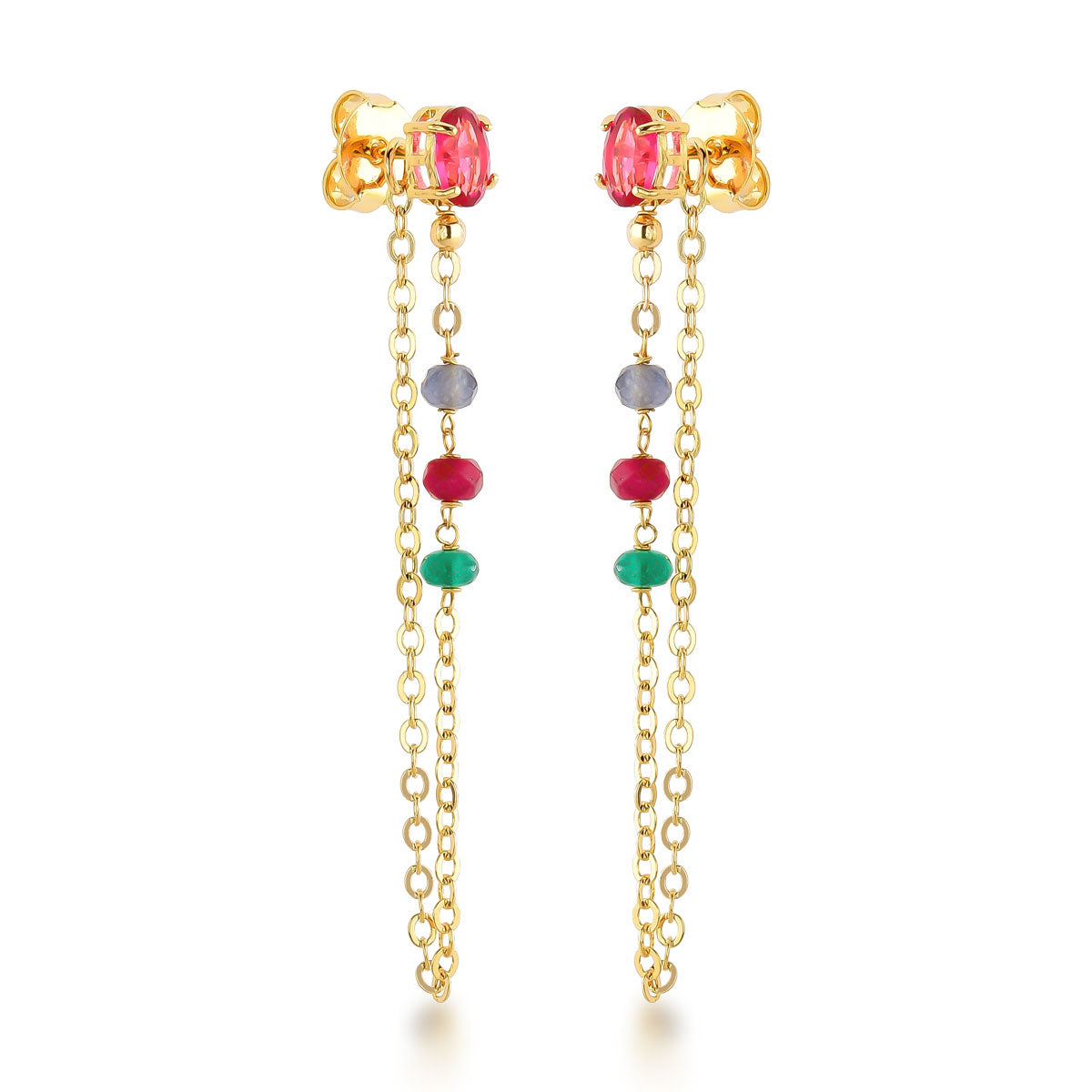 Brinco Federica Longo com Corrente e Pedras Coloridas Banho de Ouro 18k