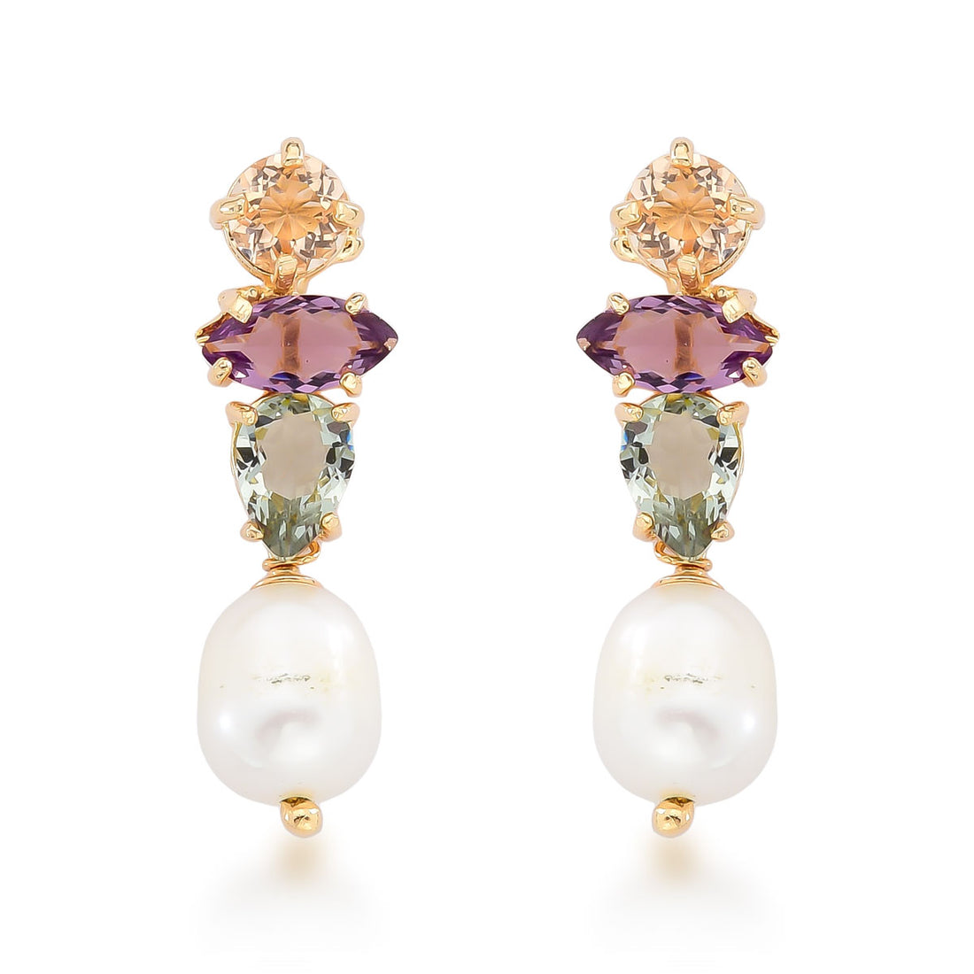 Brinco Carolina com Cristais e Pérola de Água Doce Banho de Ouro 18k