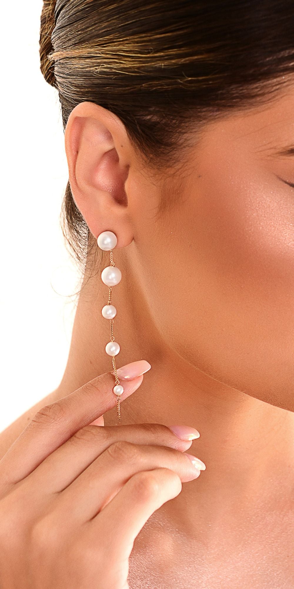 Brinco Estela Cascata Pérola Shell Base Removível Banho de Ouro 18k