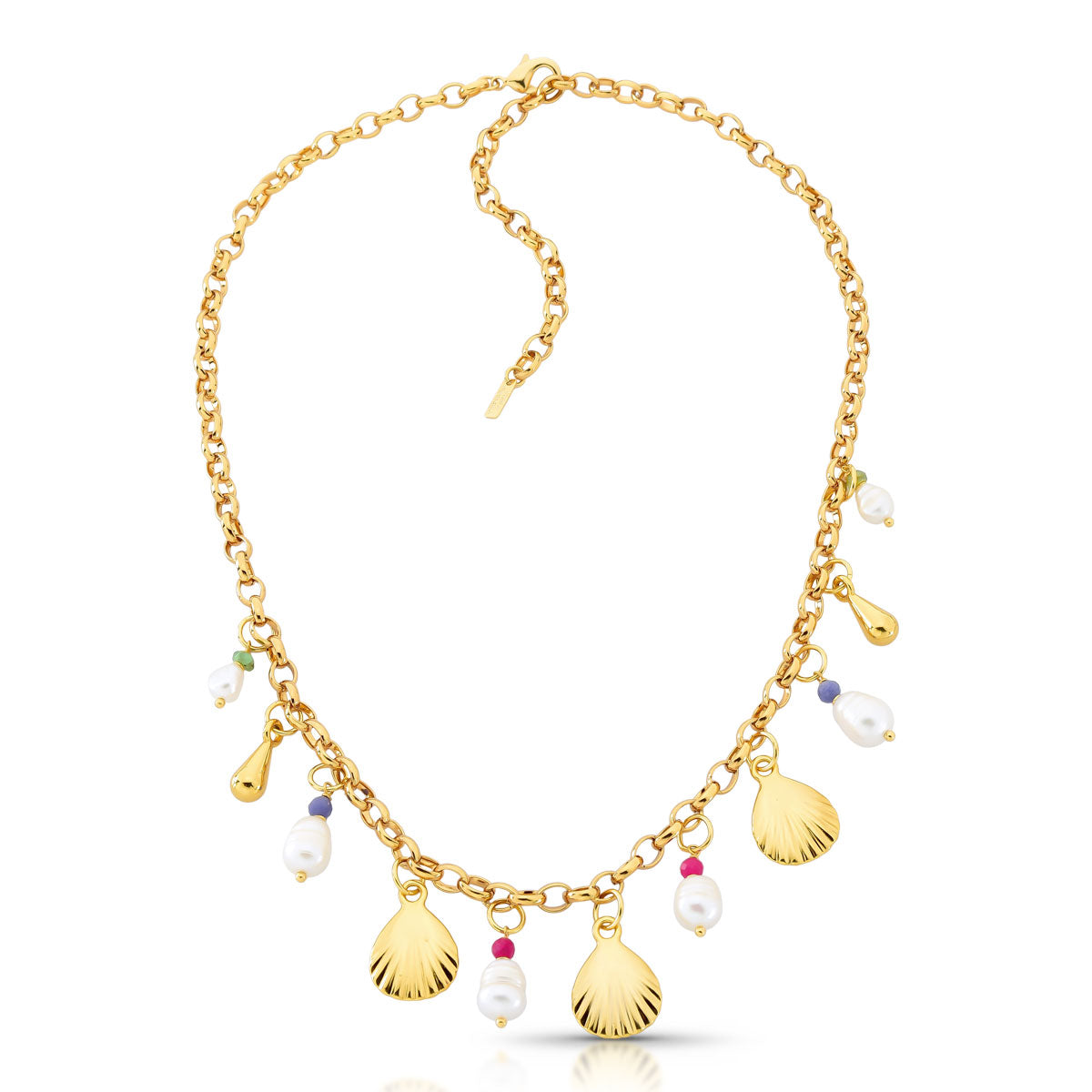 Colar Silvia com Conchas, Pedras Jade e Pérolas de Água Doce Banho de Ouro 18k