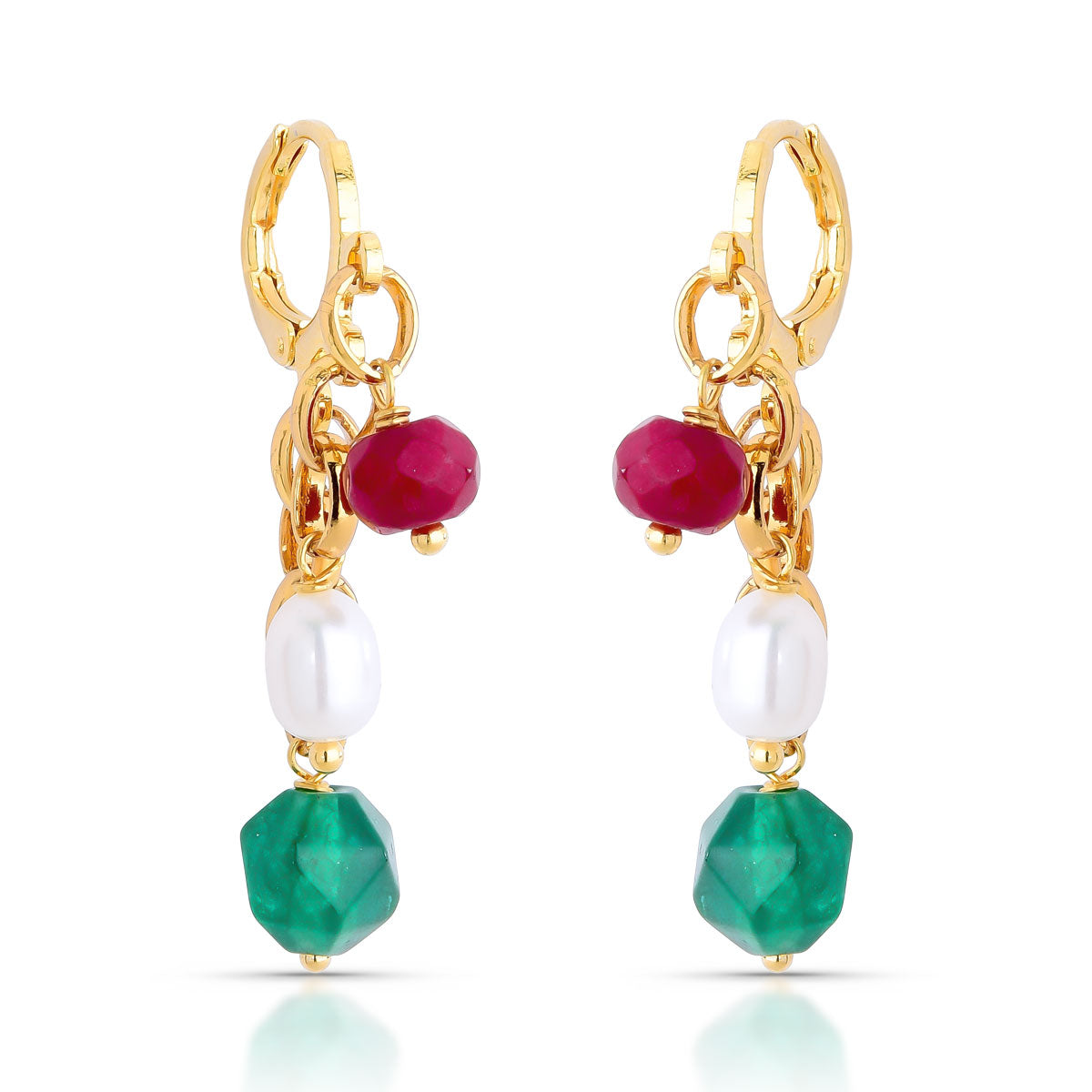 Brinco Nati de Argola com Pedras Naturais Jade e Pérolas Banho de Ouro 18k