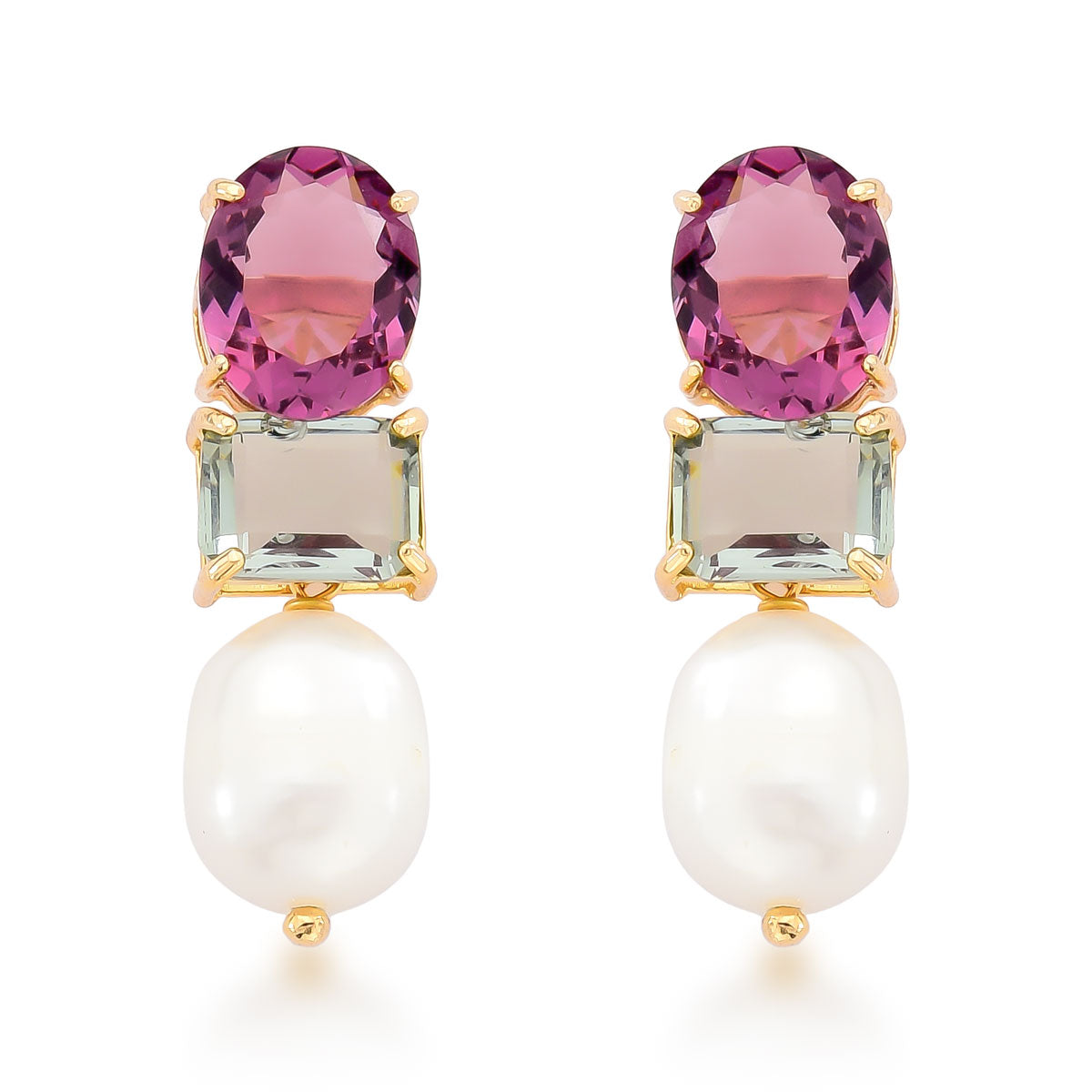 Brinco Sofia com Pérola Pendente e Cristal Banho de Ouro 18k