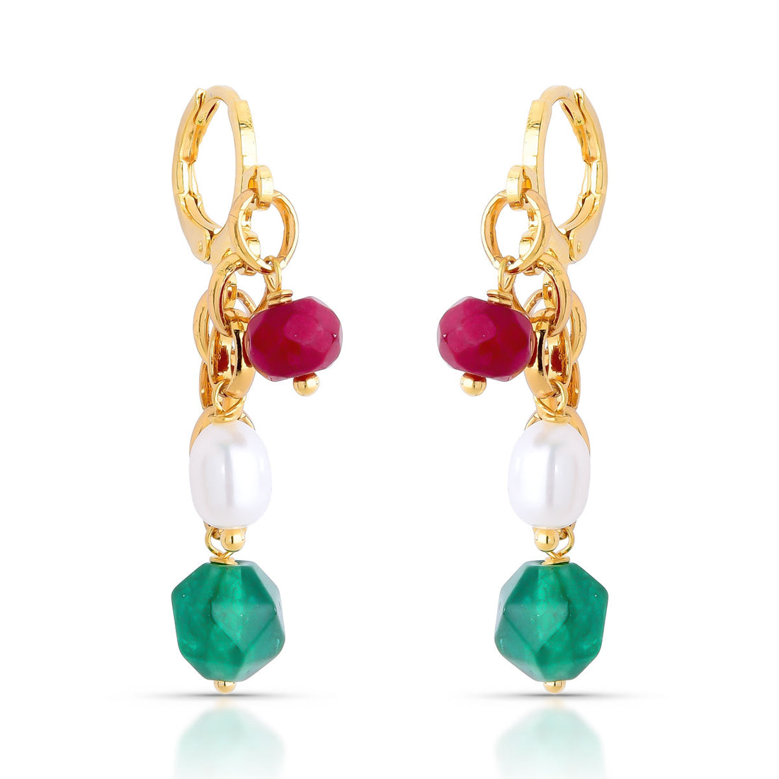 Brinco Nati de Argola com Correntes e Pedras Jade Banho de Ouro 18k