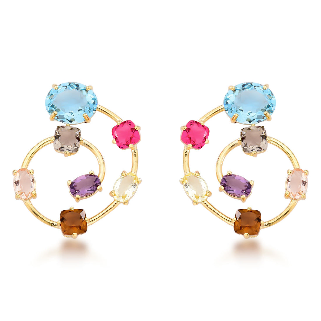 Conjunto Maya Brincos e Anel de Cristais Coloridos Banho de Ouro 18k