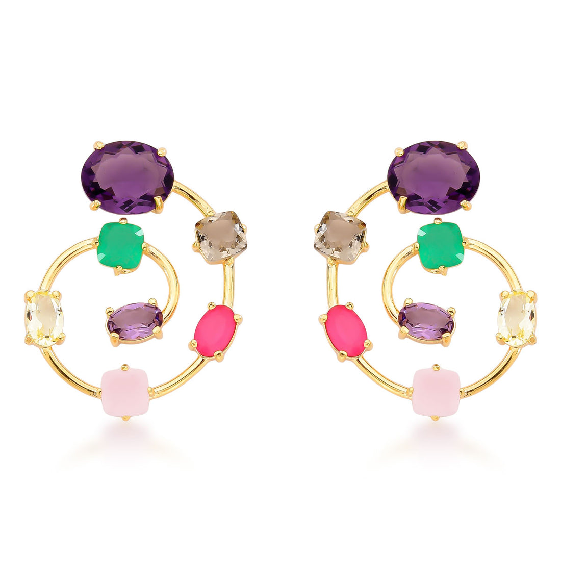 Conjunto Maya Brincos e Anel de Cristais Coloridos Banho de Ouro 18k