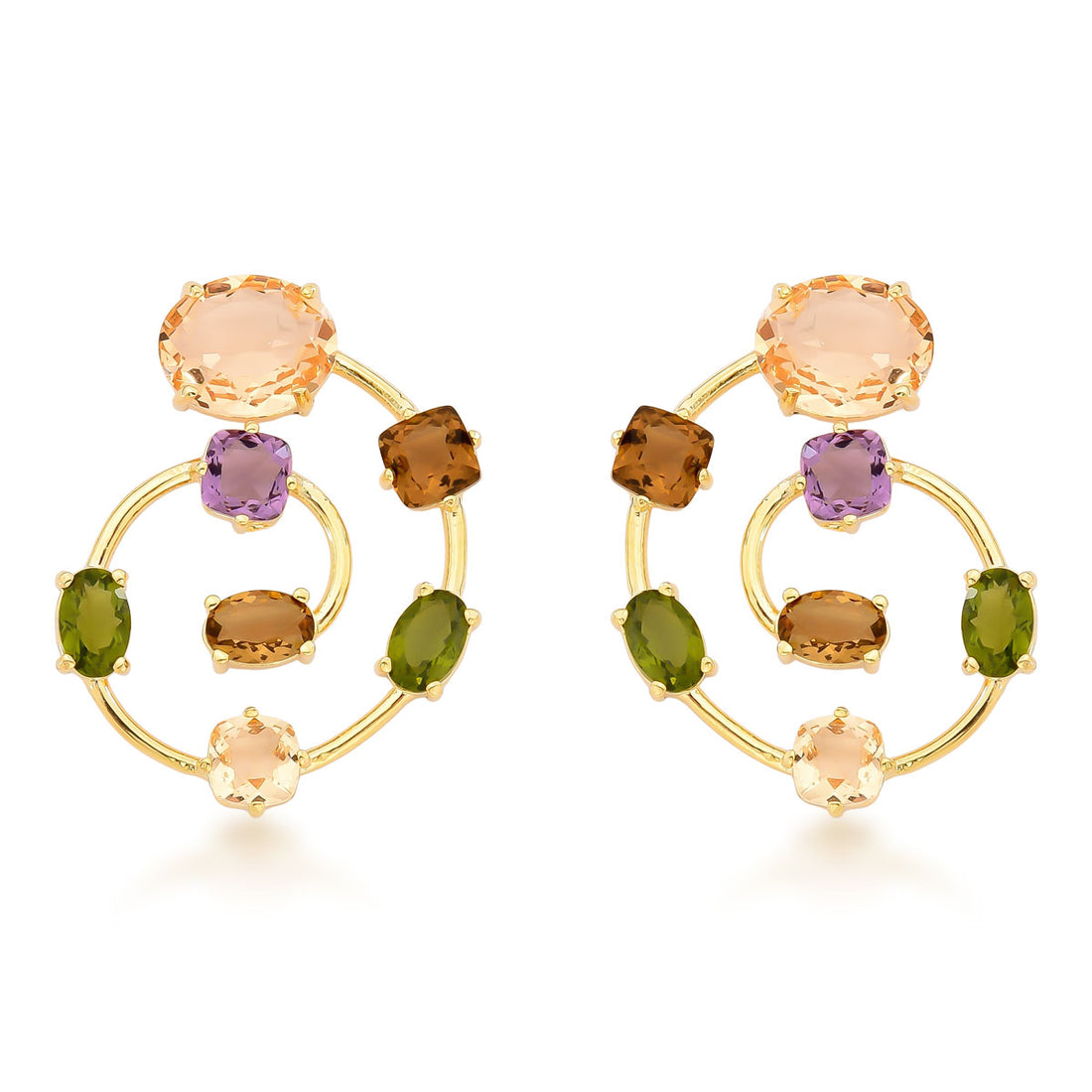 Conjunto Maya Brincos e Anel de Cristais Coloridos Banho de Ouro 18k