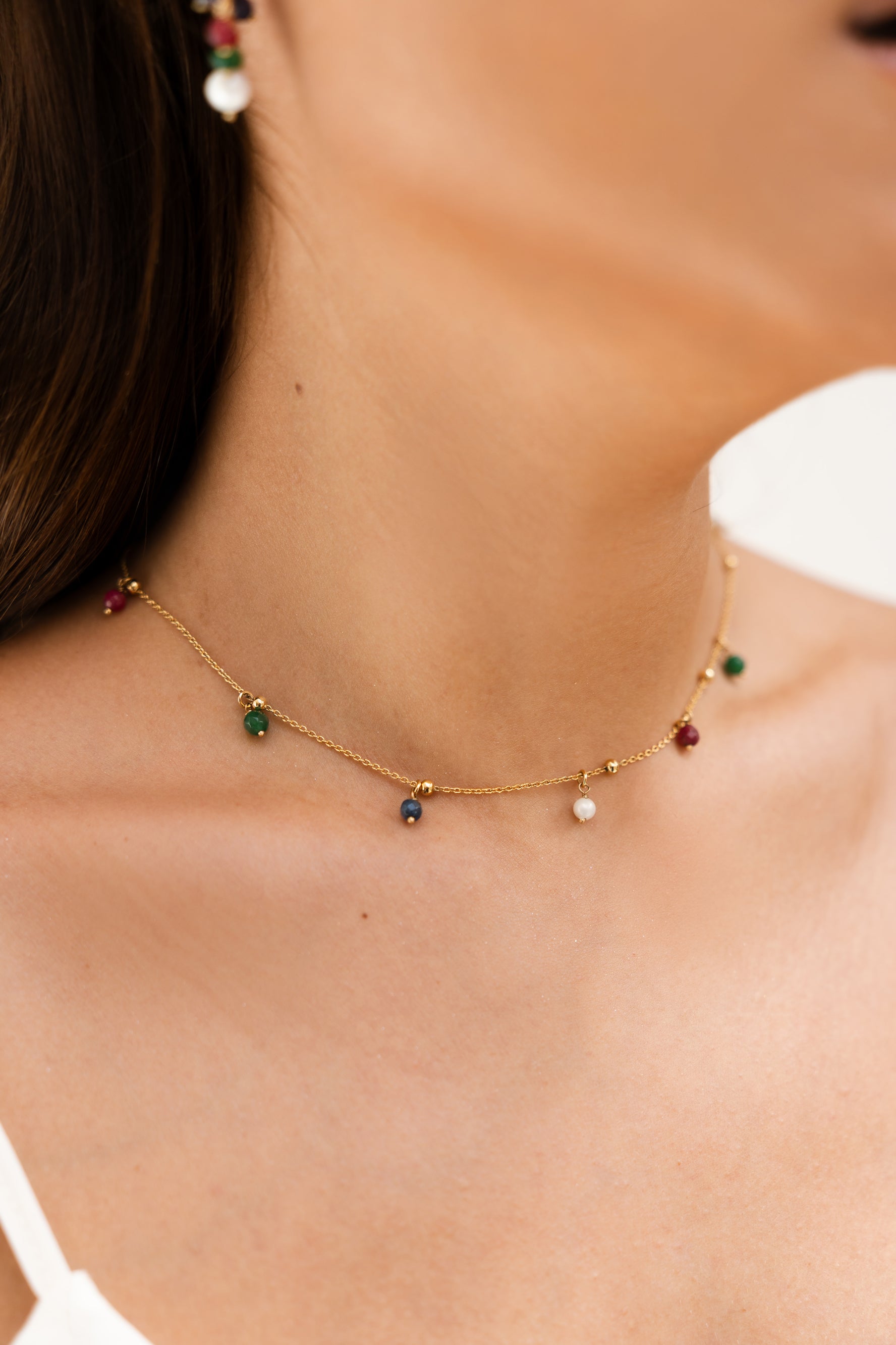 Conjunto Gisele e Colar Glória de Pérolas e Jades Banho de Ouro 18k