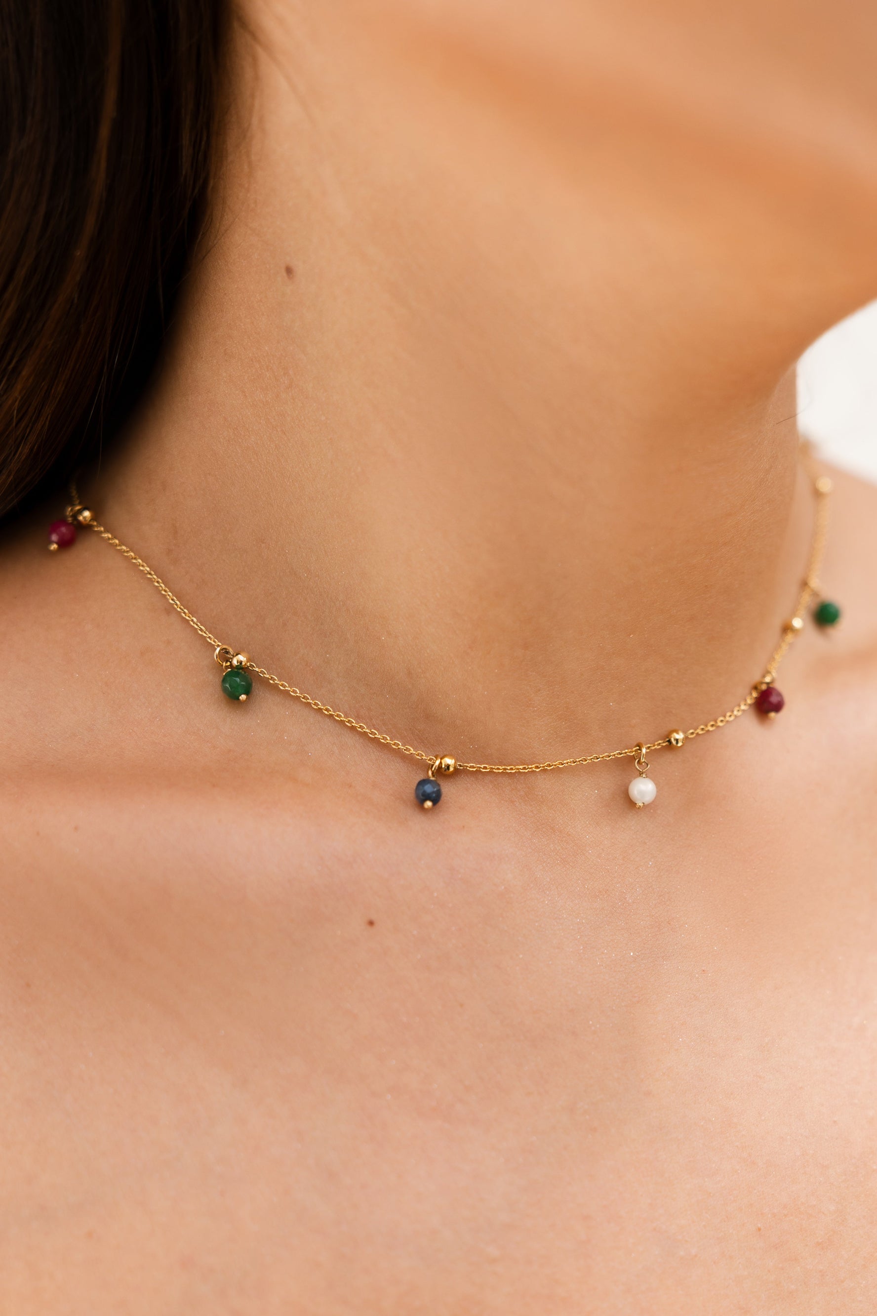 Colar Glória com Pedras Jade Coloridas Banho de Ouro 18k