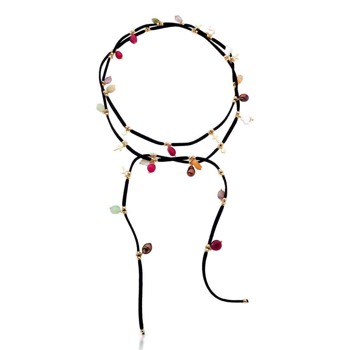 Colar Flora Longo Camurça Pedras Coloridas 18k