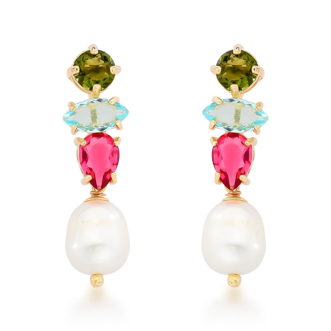 Brinco Carolina com Cristais e Pérola de Água Doce Banho de Ouro 18k