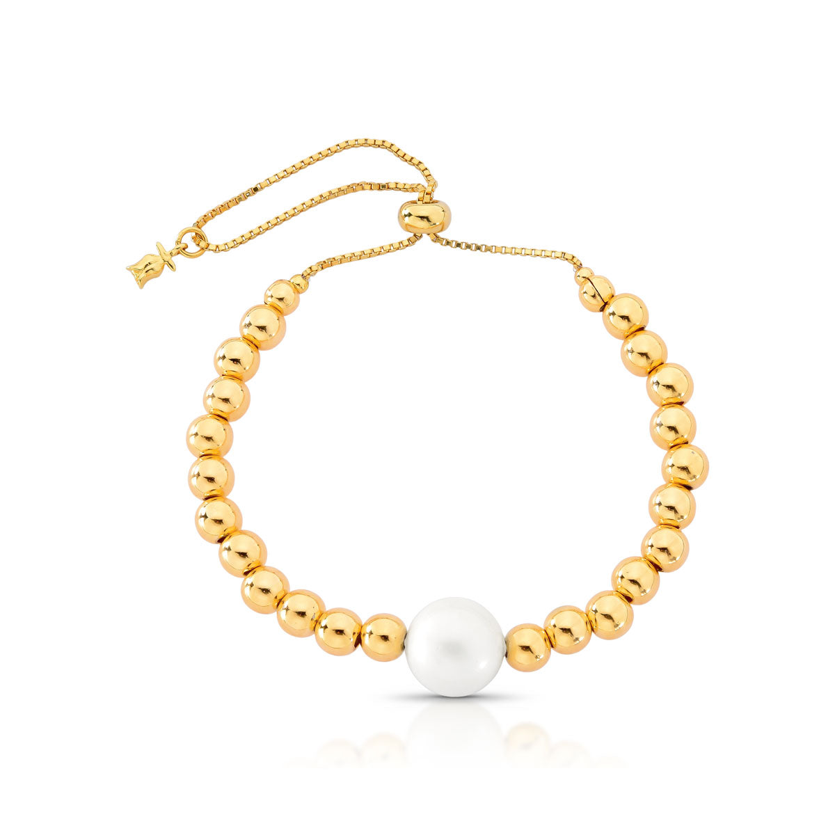 Pulseira Jô Ajustável com Pérola Shell e Esferas Douradas Banho de Ouro 18k
