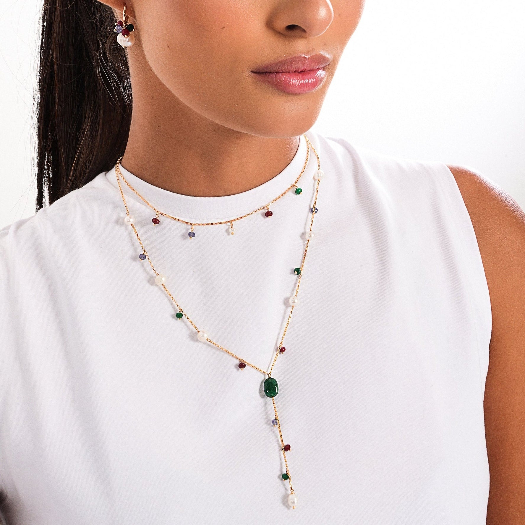 Conjunto Fiona Colar e Brincos com Pérola e Pedras Naturais Ouro 18k