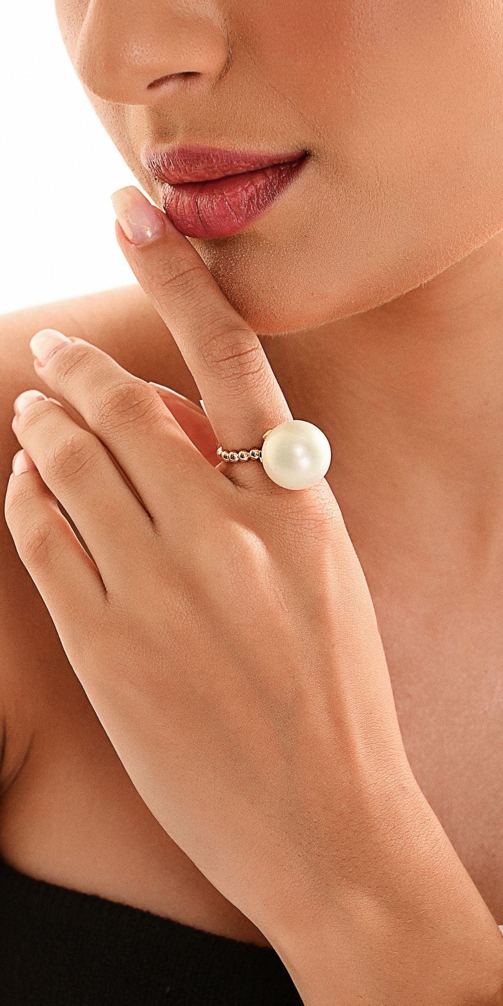 Anel Aline com Pérola Shell 16mm Aro Fino Banho de Ouro 18k