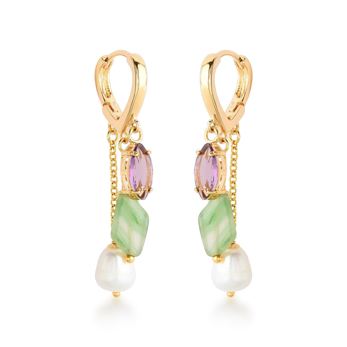 Brinco Calli de Argola com Pedras Naturais e Pérolas Banho de Ouro 18k