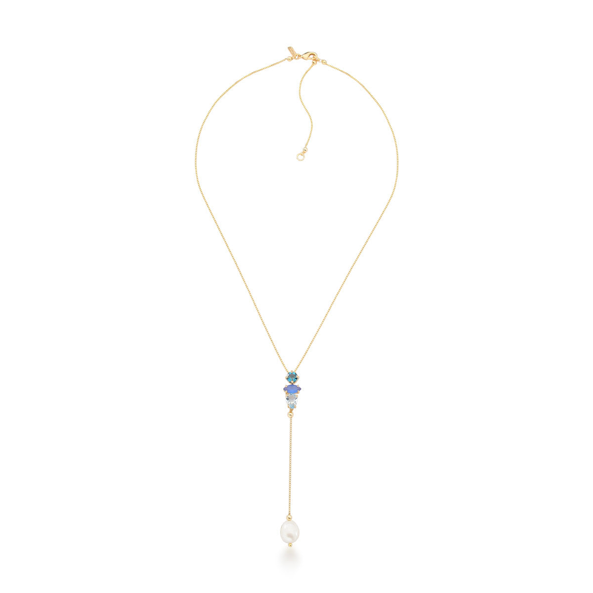 Colar Carolina Gravatinha com Cristais e Pérola de Água Doce Banho de Ouro 18k