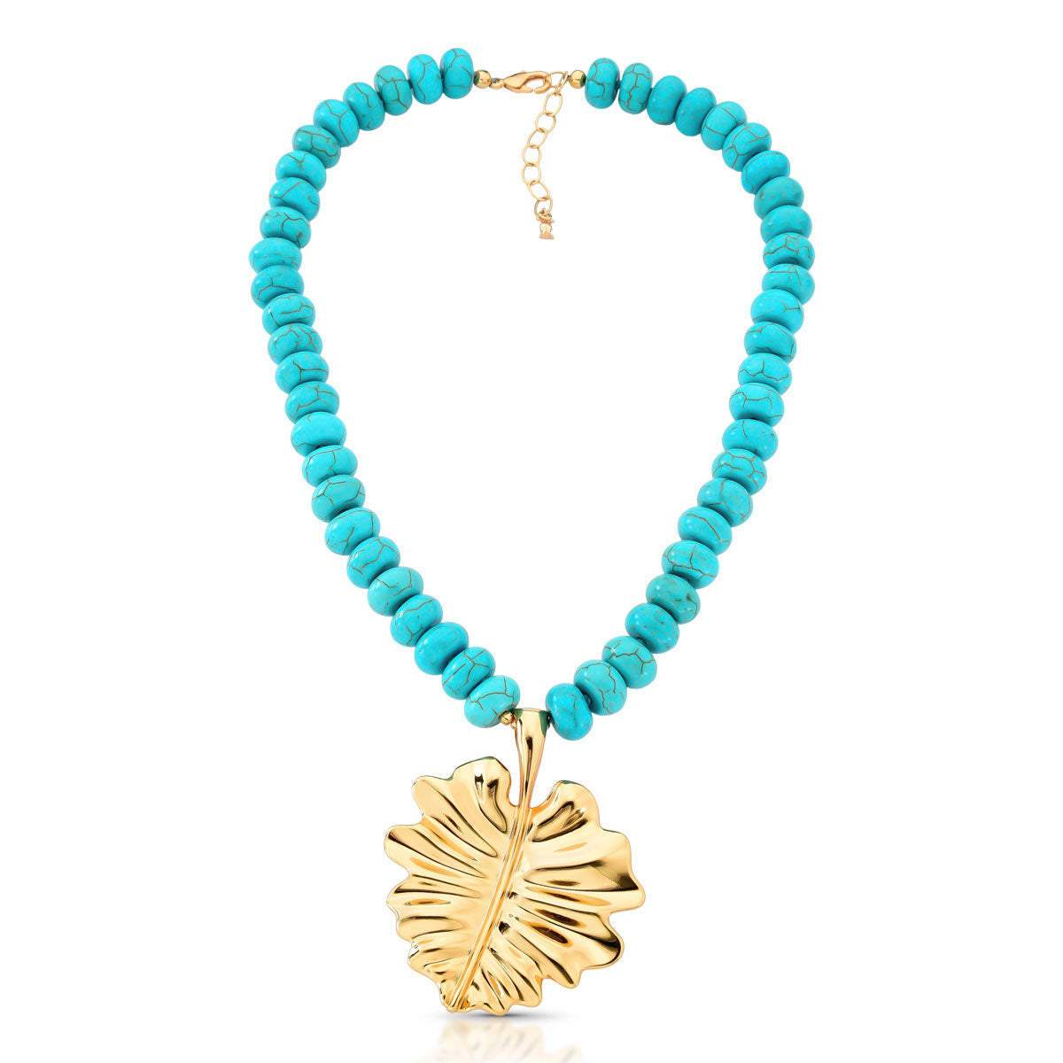 Colar Rô com Pedras Turquesa e Pingente de Folha Banho de Ouro 18k