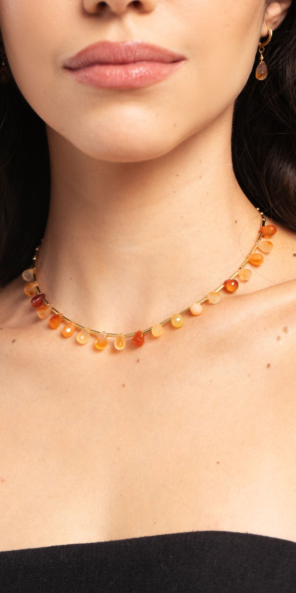 Colar Drica Pedras Naturais Amazonita Ágata Laranja Canutilhos Banho de Ouro 18k