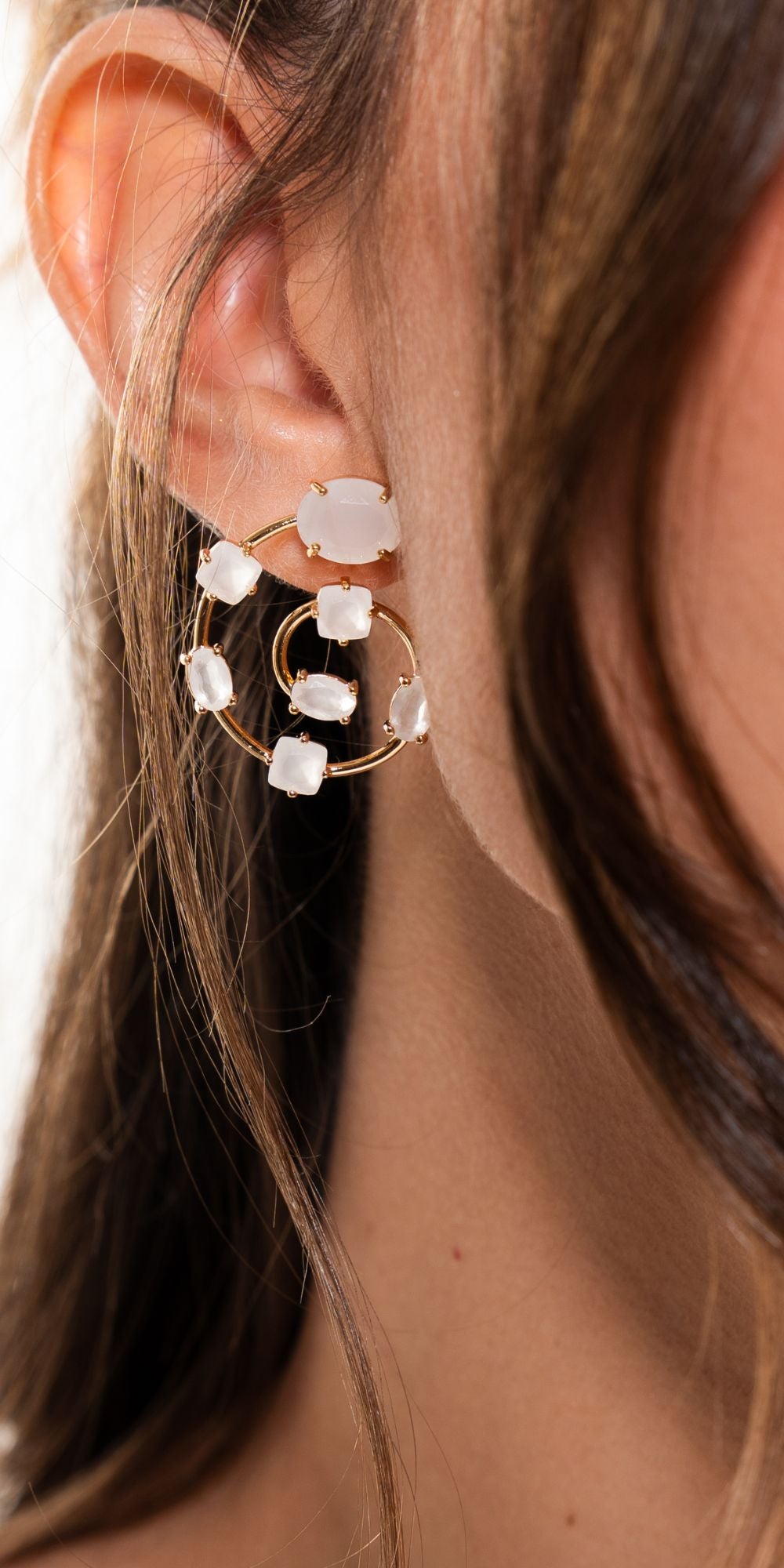 Conjunto Maya Brincos e Anel de Cristais Coloridos Banho de Ouro 18k