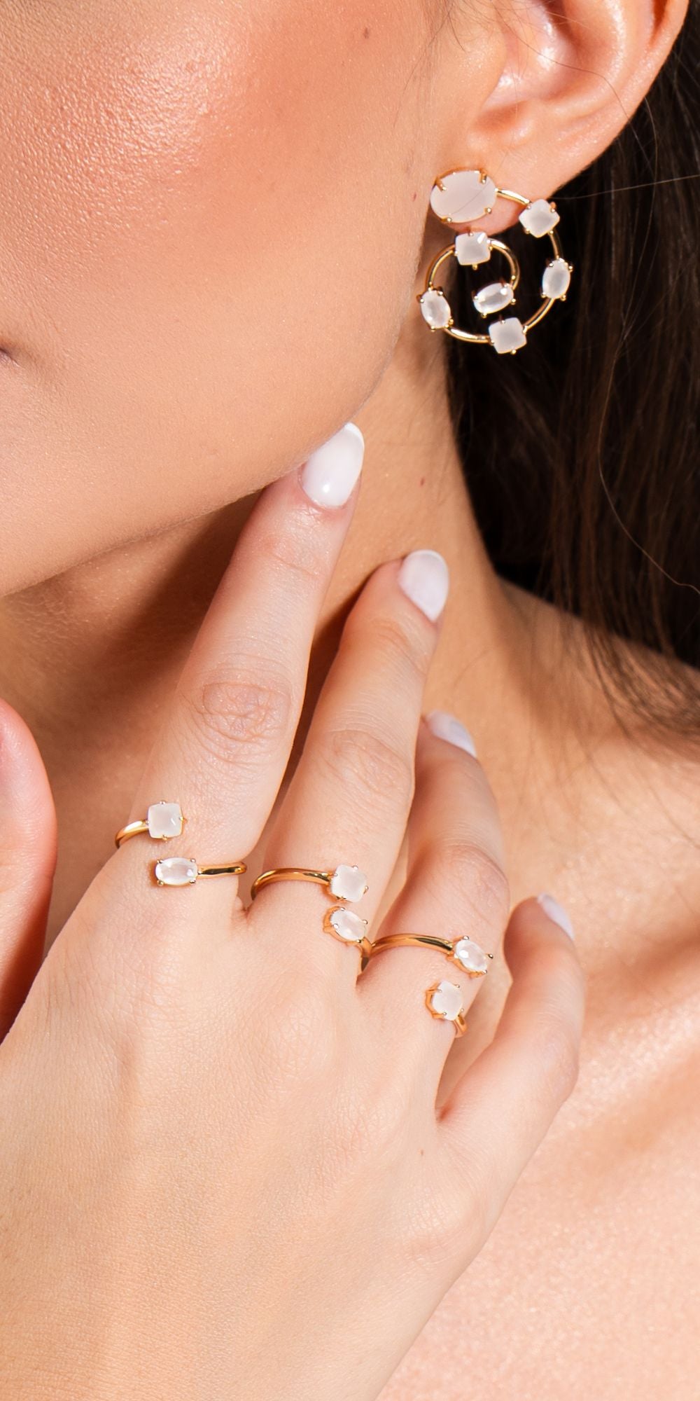 Conjunto Maya Brincos e Anel de Cristais Coloridos Banho de Ouro 18k