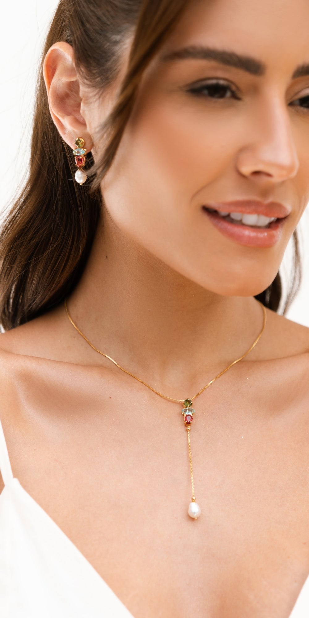 Conjunto Carolina Colar e Brincos com Pérola e Cristais Ouro 18k